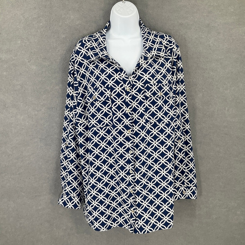Notations Top Woman 3X Button‎ Down Long Sleeve Stretchy Geometric Navy Blue